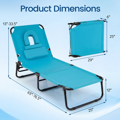 Beach Chaise Lounge Chair With Face Hole, Removable Pillow, Turquoise Outdoor Chaise Lounges at Gallery Canada