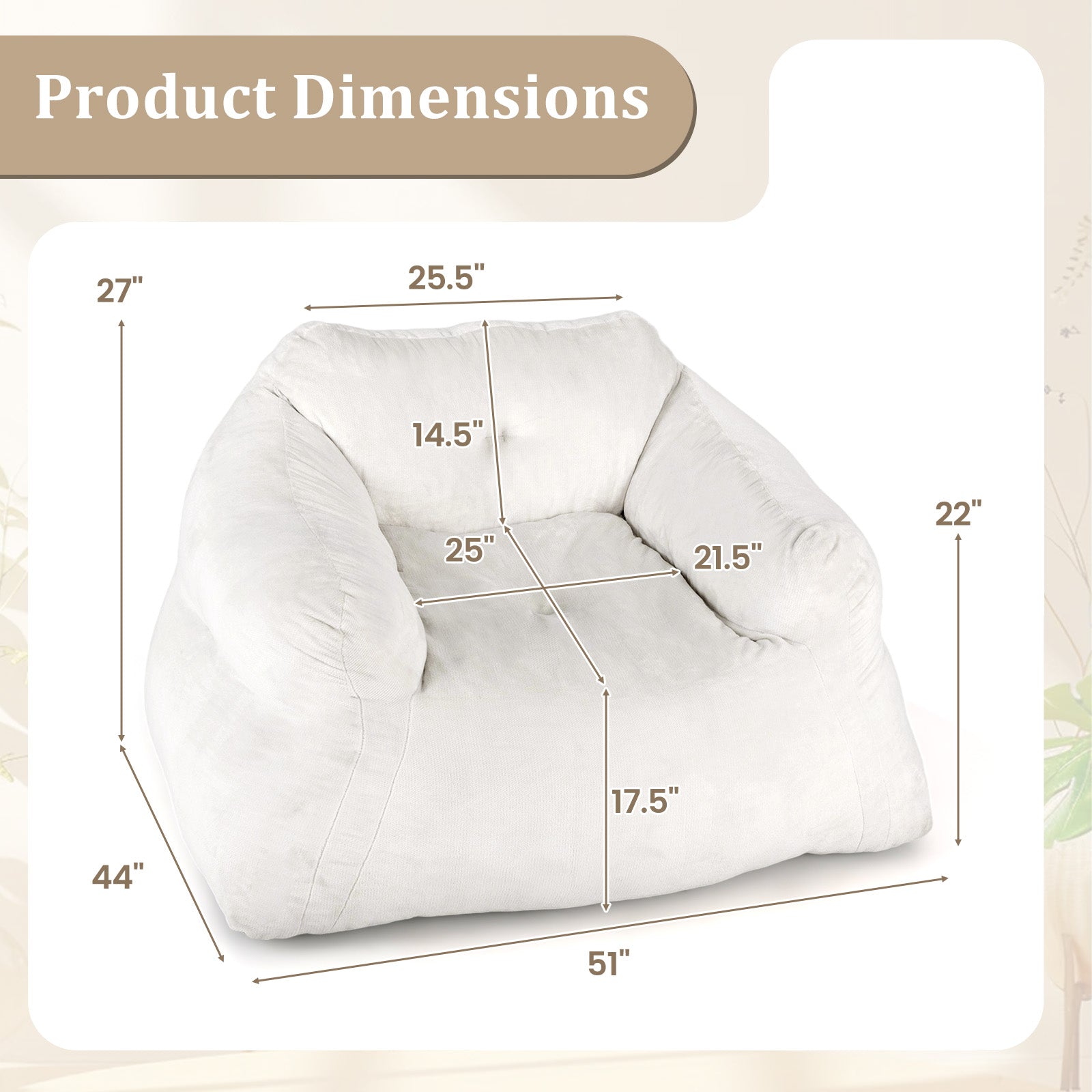 Plush Bean Bag Chair, Ultra-Soft Velvet Cover, Beige Floor Chairs at Gallery Canada
