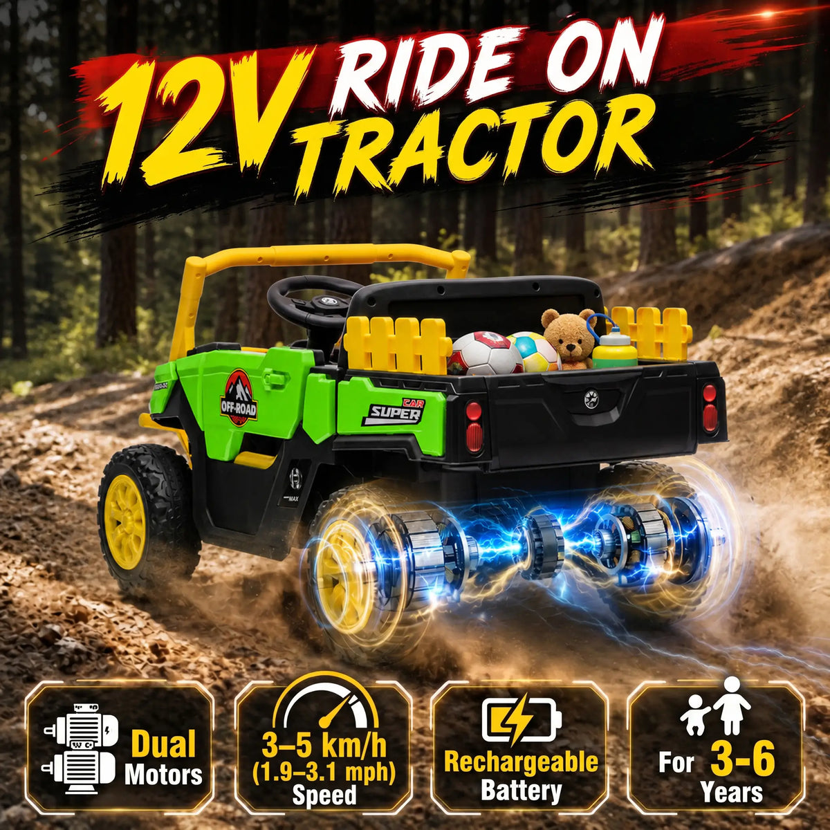 12V Kids Ride On Electric Tractor, Remote Control, Dual Motors, Green Electric Toy Cars at Gallery Canada