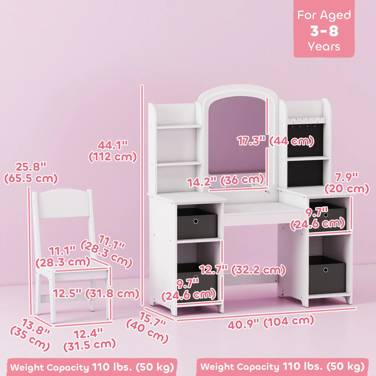 Kids Vanity Table And Chair Set With Lighted Mirror, White Kids Bedroom Furniture at Gallery Canada