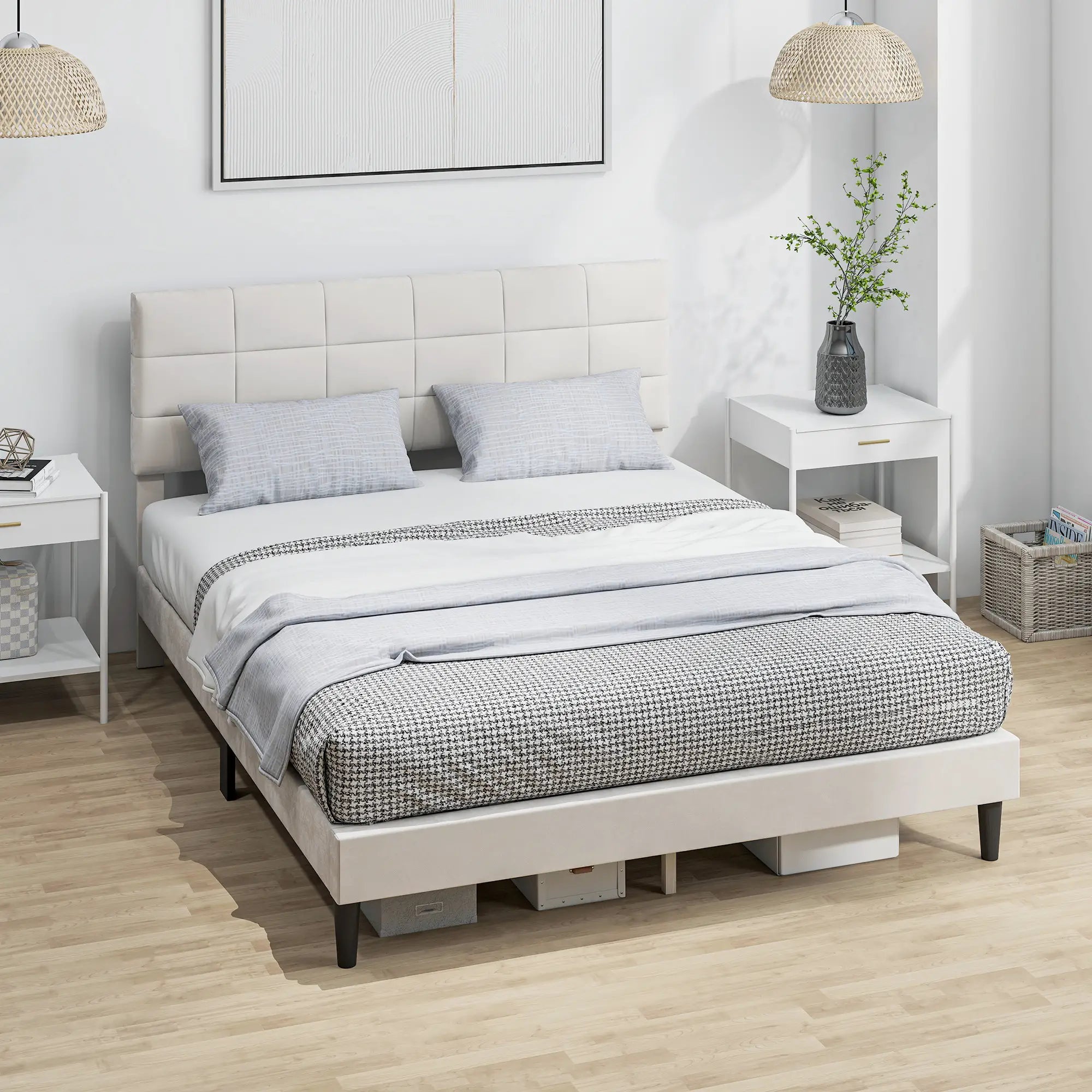 Queen Size Bed Frame, Upholstered Headboard, Wood Slats, 1100 lbs, Cream Bed Frames at Gallery Canada