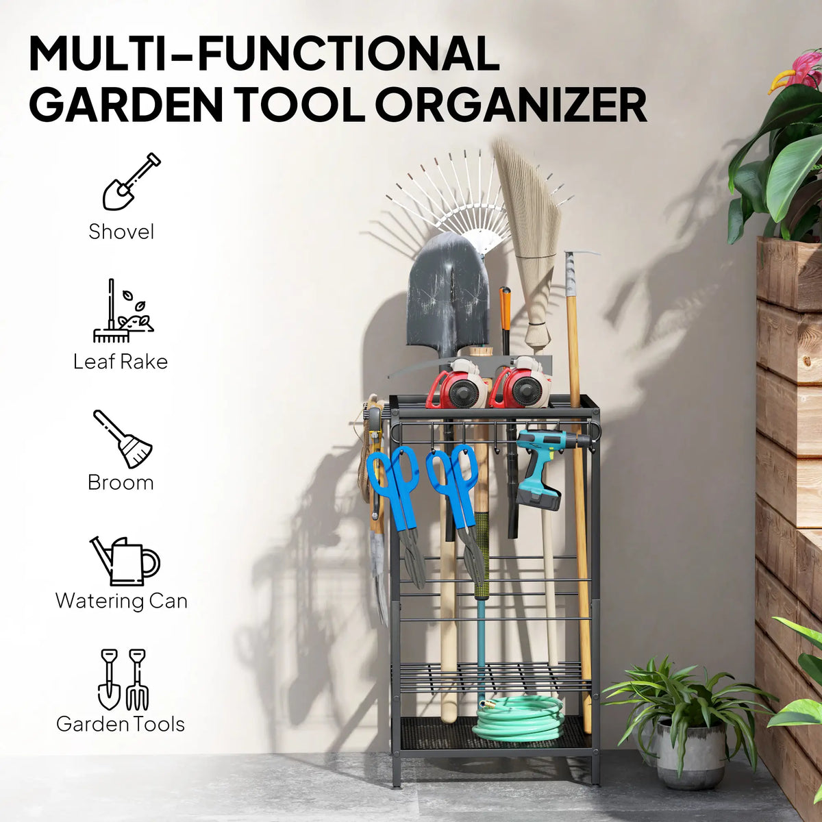 3-Tier Yard Tool Rack, Garden Organizer with 14 Hooks, Black Garden Accessories at Gallery Canada