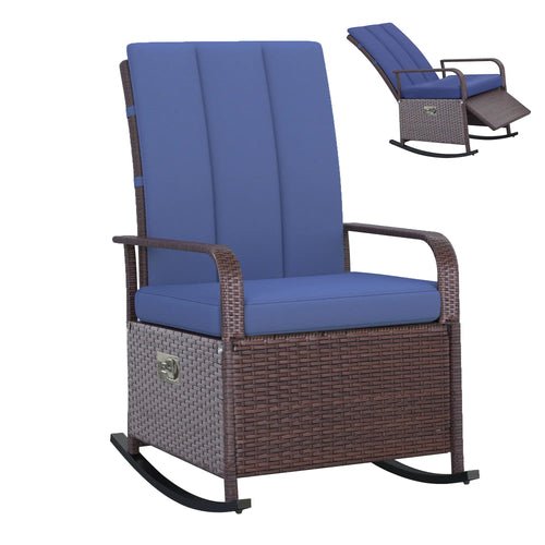 Outdoor Wicker Rocking Chair, With Cushion & Footrest, Dark Blue