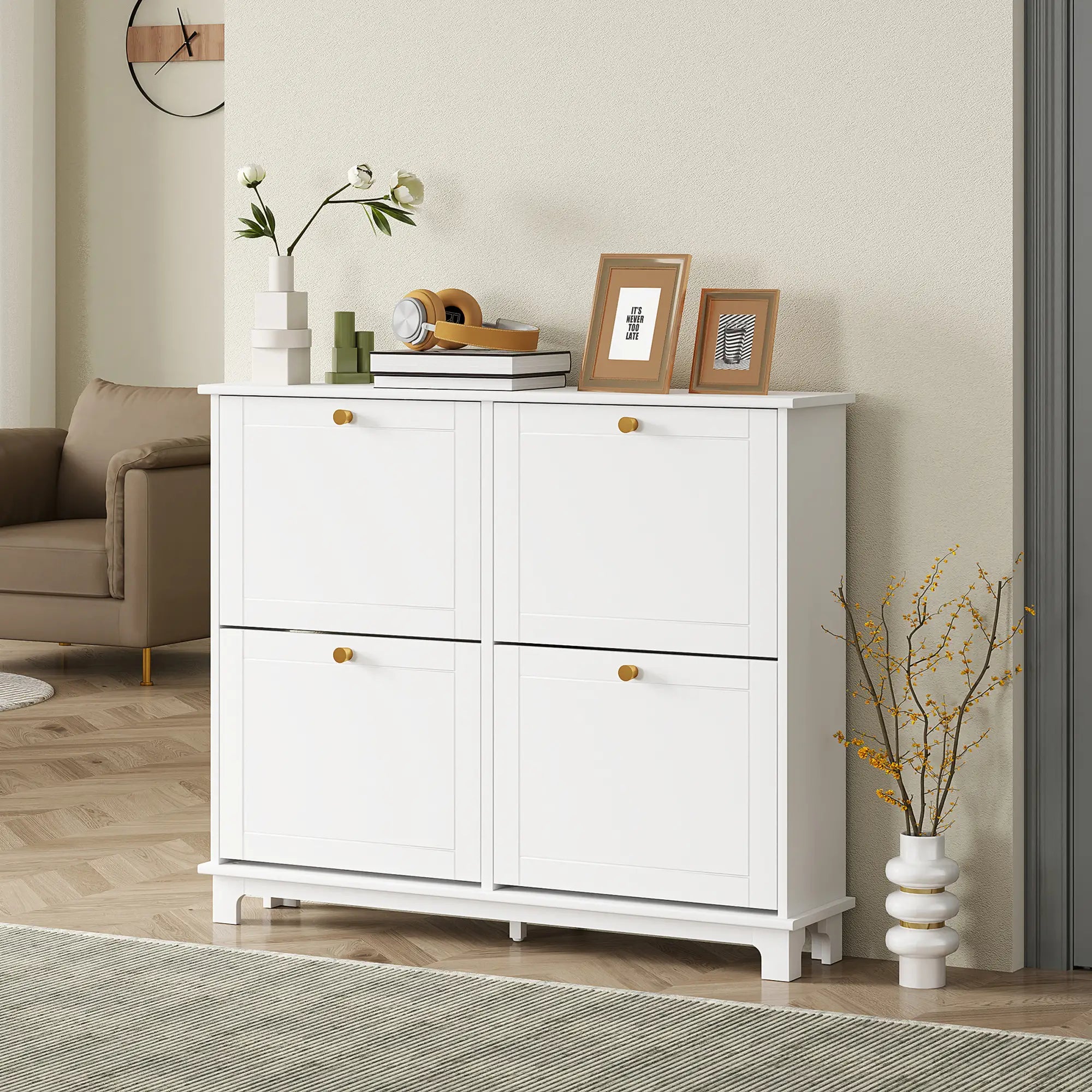 Modern Shoe Storage Cabinet, 4 Flip Drawers, Adjustable Shelves, White Shoe Storage Cabinets & Racks at Gallery Canada
