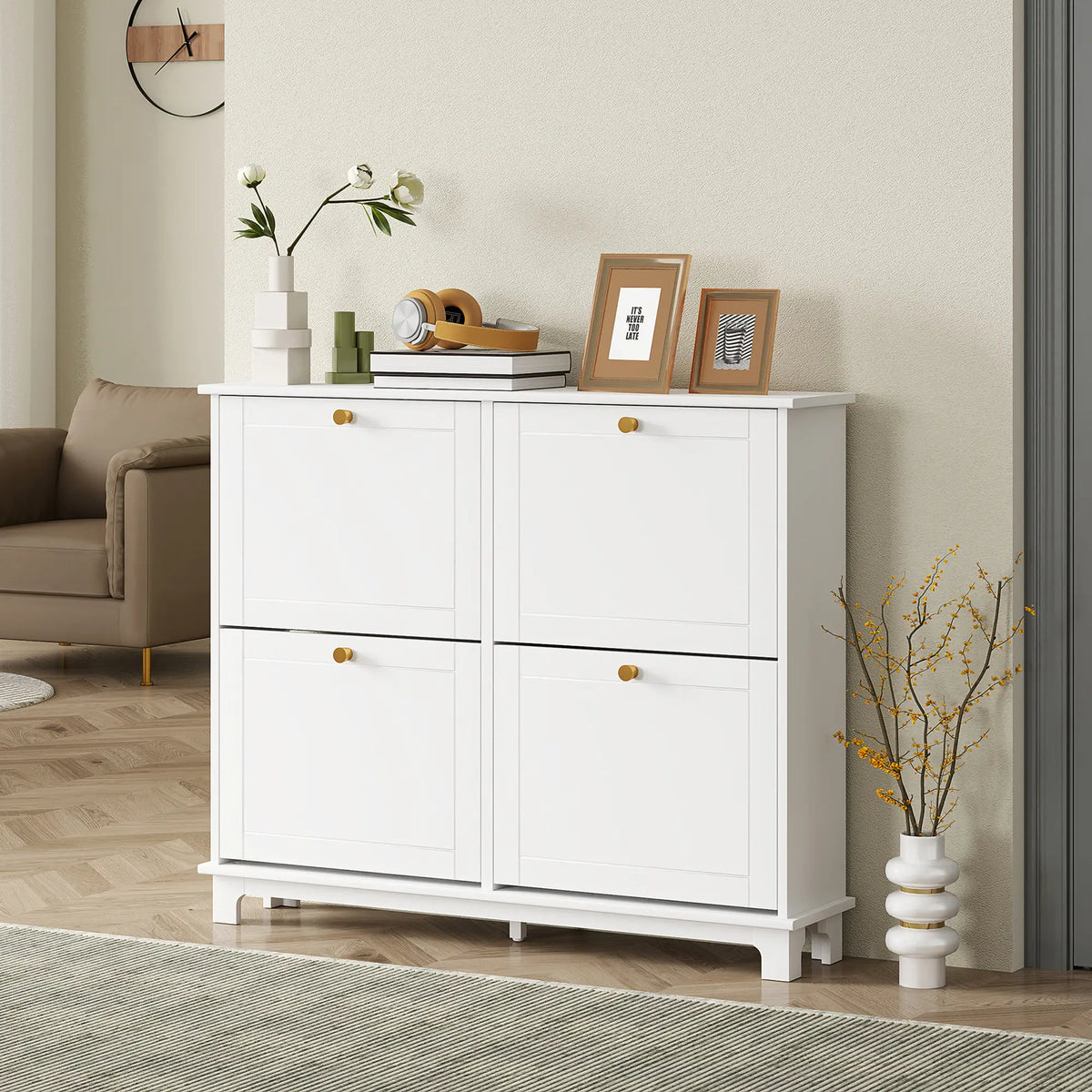 Modern Shoe Storage Cabinet, 4 Flip Drawers, Adjustable Shelves, White Shoe Storage Cabinets & Racks at Gallery Canada