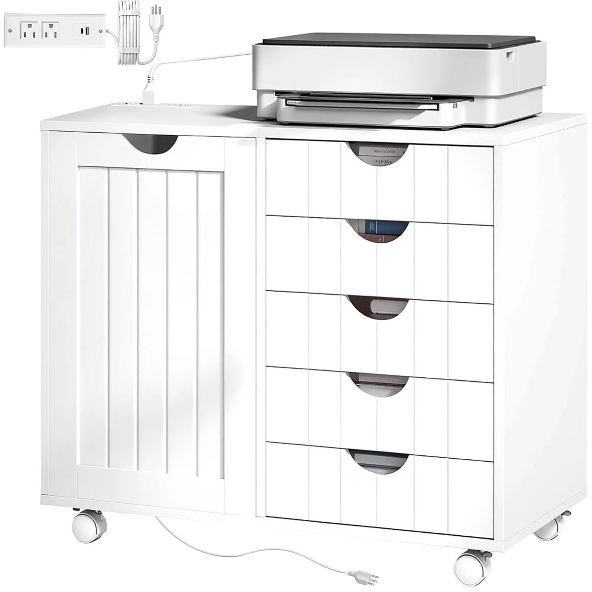 Mobile Lateral Filing Cabinet, 5 Drawers, Printer Stand, White Office Cabinets & Cupboards White at Gallery Canada