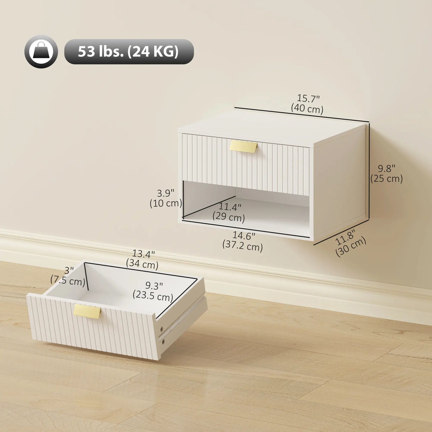 Set of 2 Floating Nightstands, Wall Mounted with Fluted Drawer and Shelf, White Bedside Tables at Gallery Canada