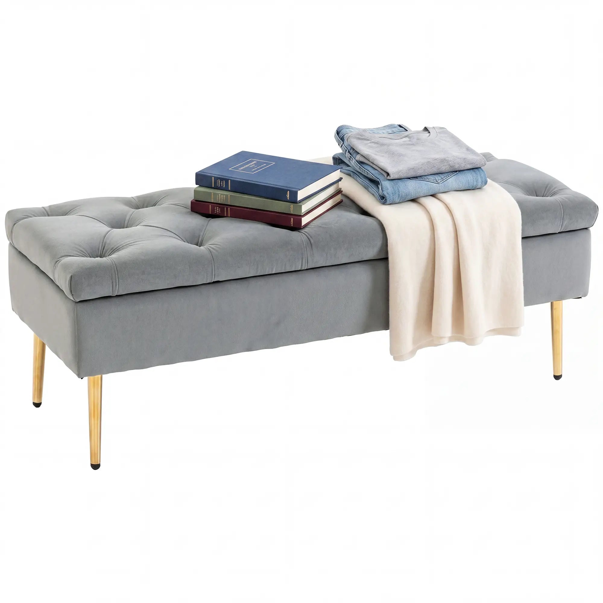 Upholstered Bedroom Bench with Gold Tone Metal Legs, Velvet Tufted and Thick Padding, Grey Storage Ottomans & Benches at Gallery Canada