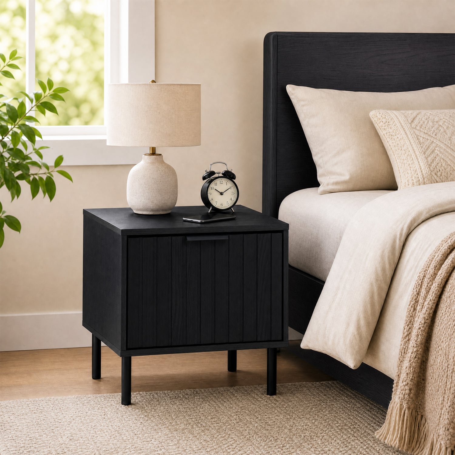 Modern Nightstand with Striped Drawer, Black Nightstands at Gallery Canada