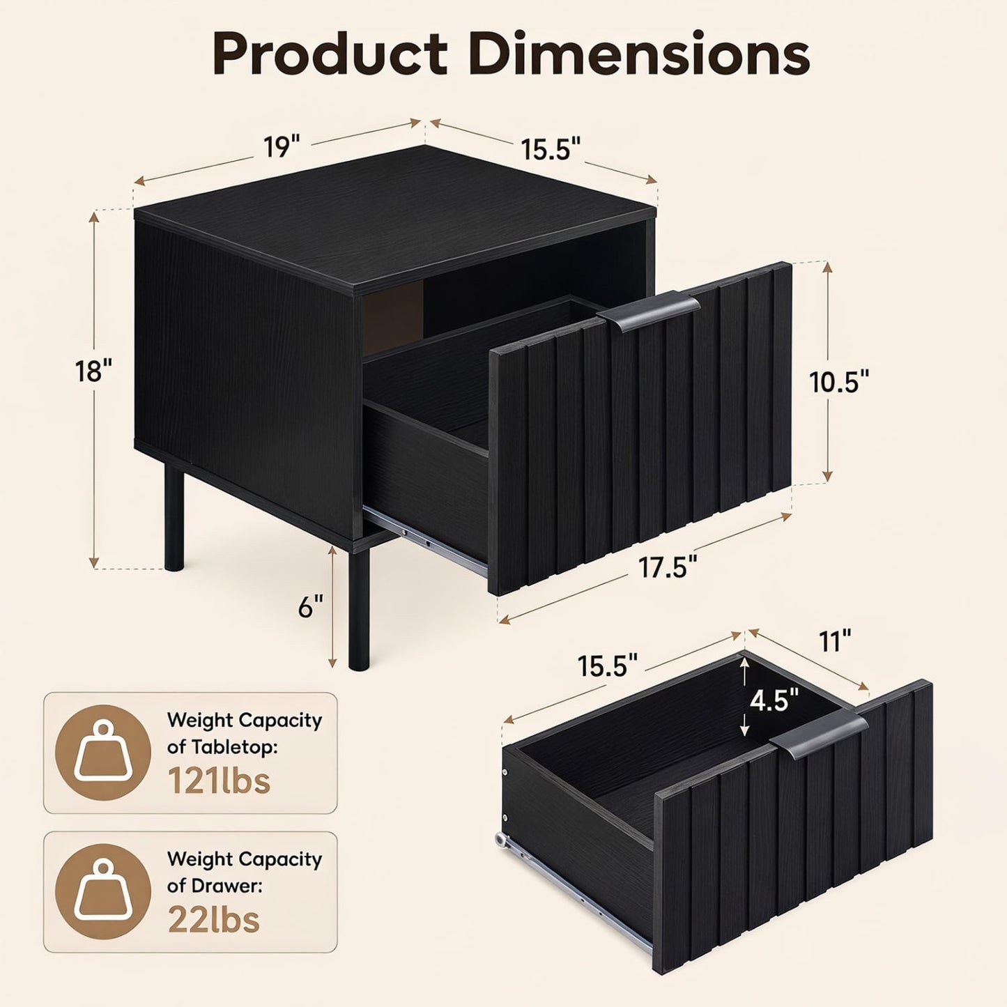 Modern Nightstand with Striped Drawer, Black Nightstands at Gallery Canada