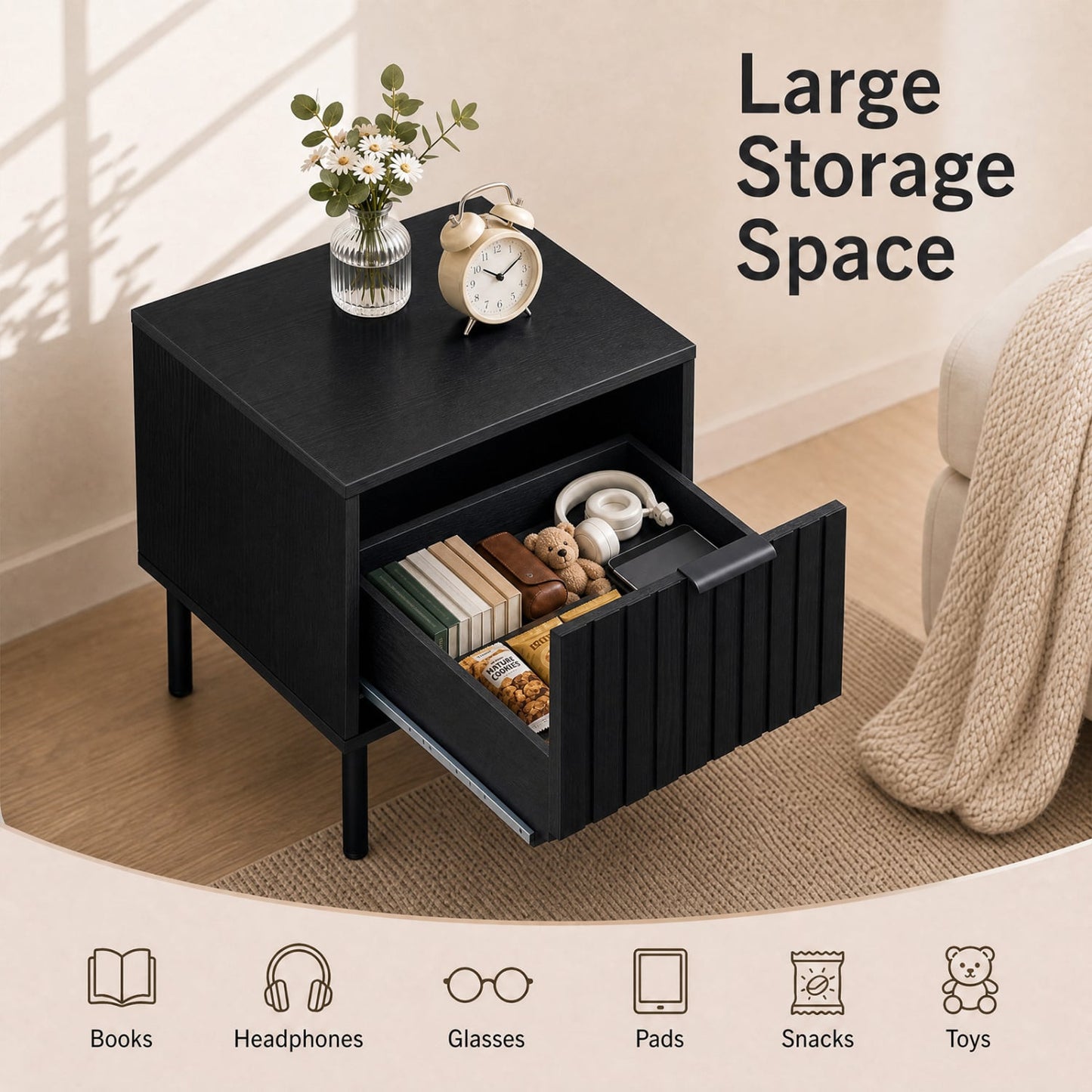 Modern Nightstand with Striped Drawer, Black Nightstands at Gallery Canada
