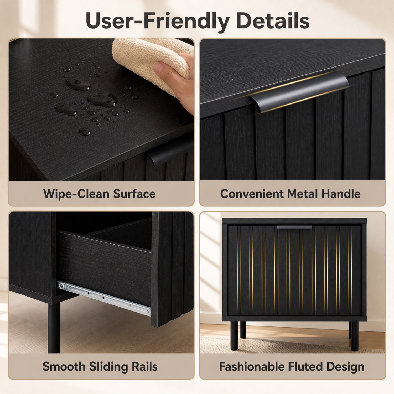 Modern Nightstand with Striped Drawer, Black Nightstands at Gallery Canada
