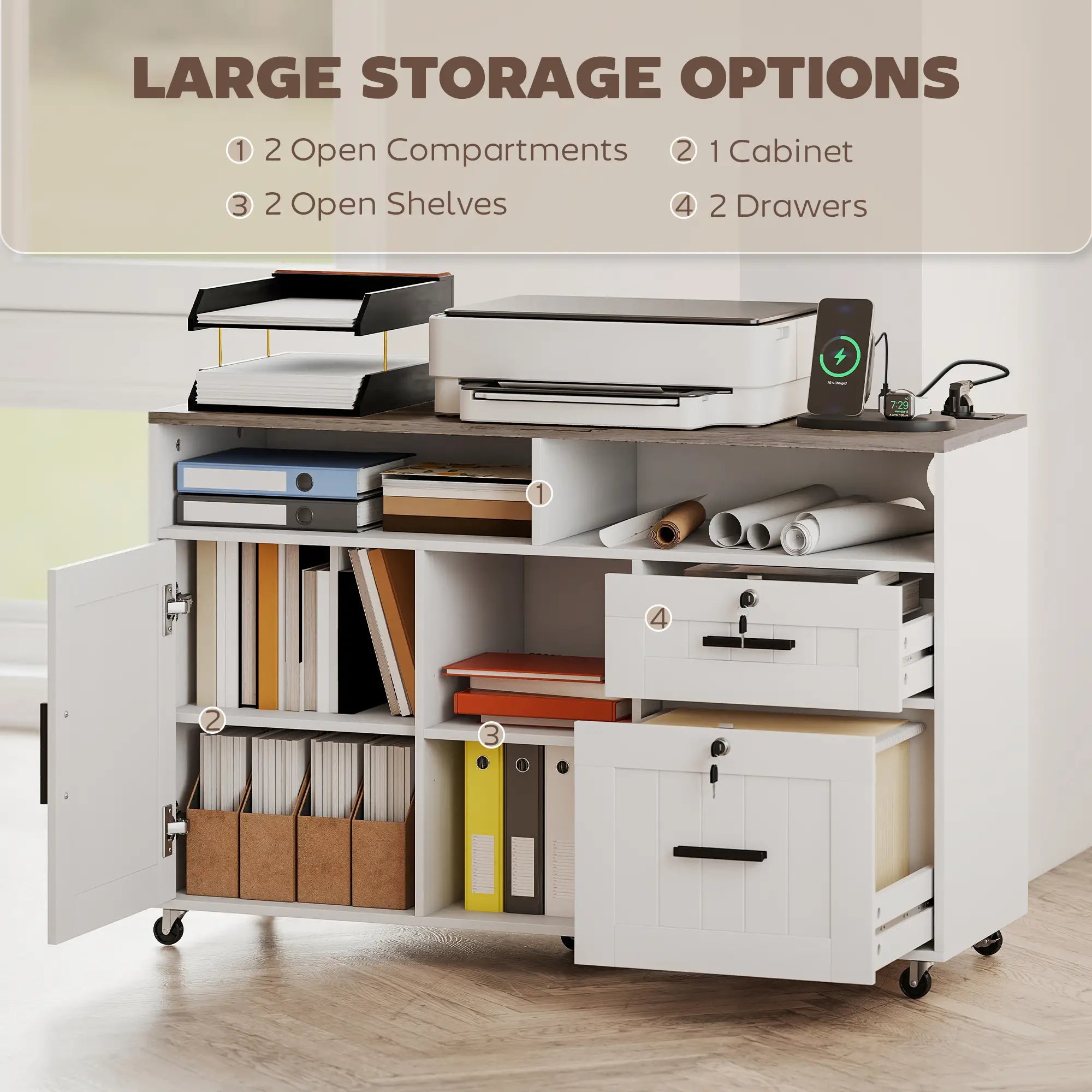 Mobile Printer Stand with Charging Station, Locking Filing Cabinet for A4 and Letter Size, White Office Cabinets & Cupboards at Gallery Canada