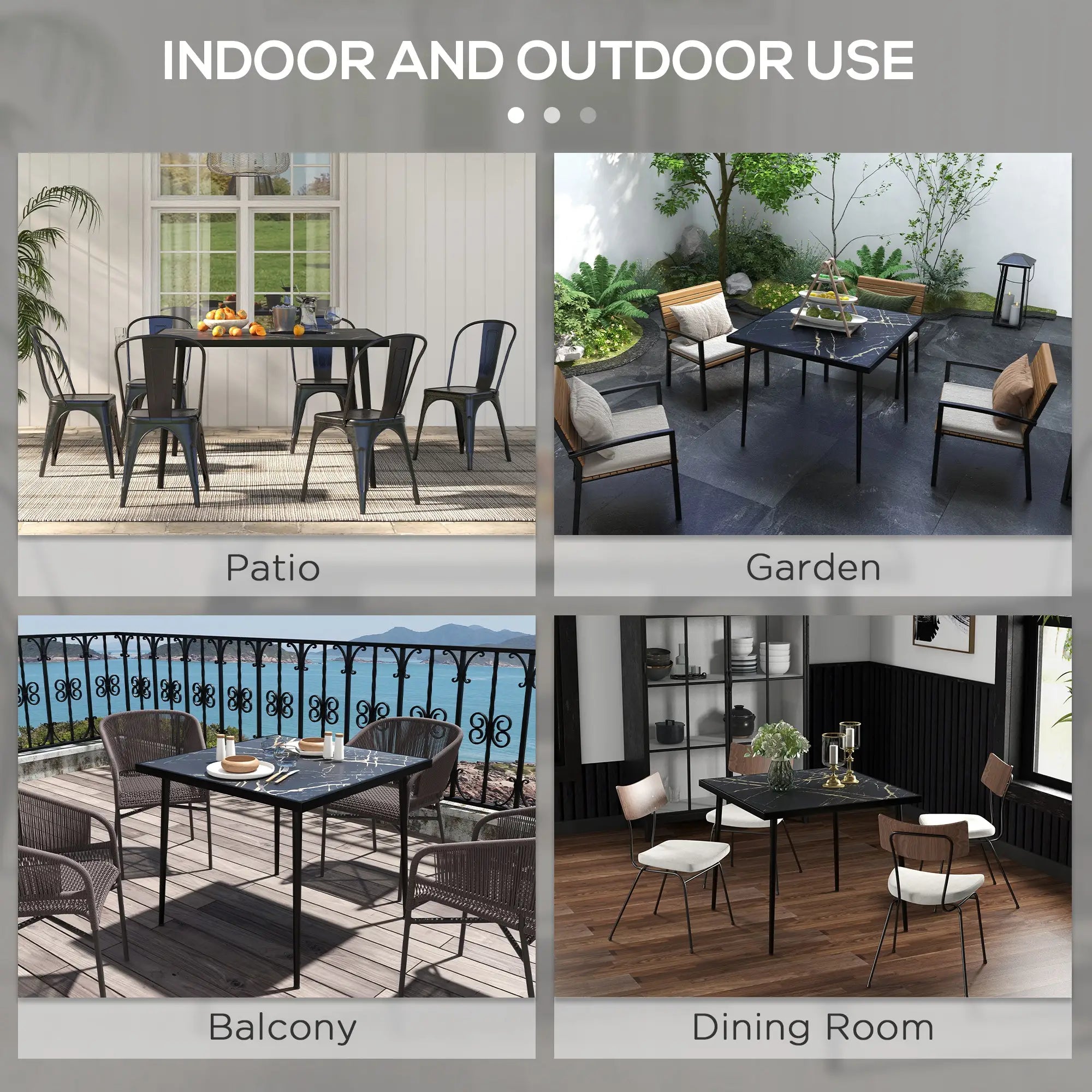 Square Patio Dining Table for 4, Marble Effect Glass Top, Steel Frame, Black Patio Dinning Tables at Gallery Canada