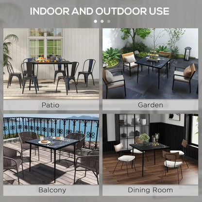 Square Patio Dining Table for 4, Marble Effect Glass Top, Steel Frame, Black Patio Dinning Tables at Gallery Canada