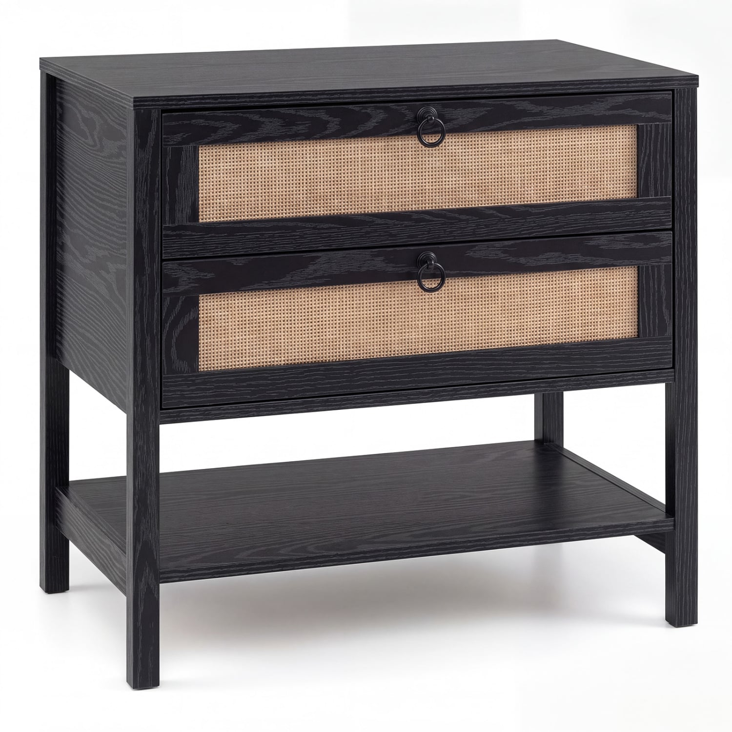 Rattan Nightstand, 2 Drawers, Open Shelf, Black Nightstands Black at Gallery Canada