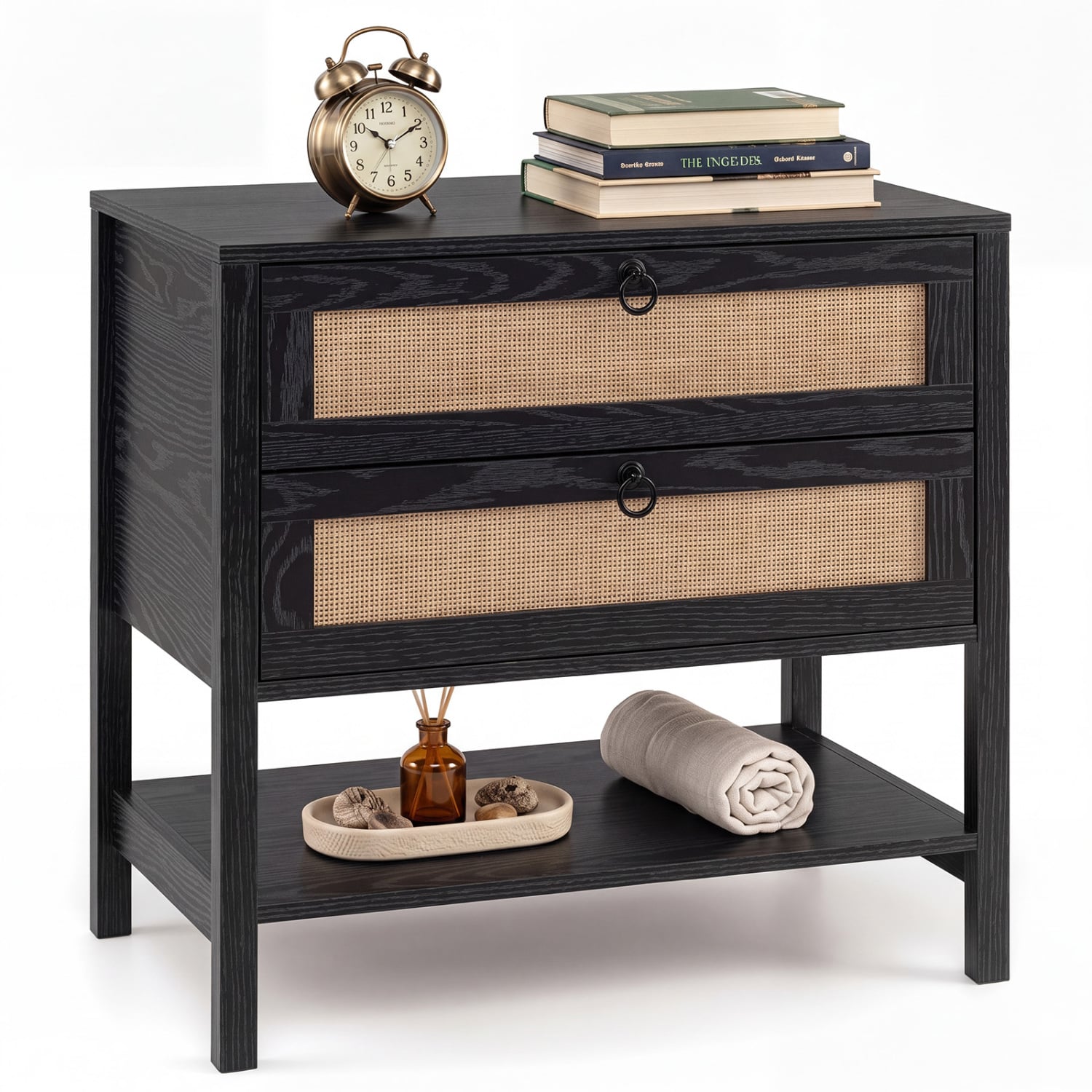 Rattan Nightstand, 2 Drawers, Open Shelf, Black Nightstands at Gallery Canada