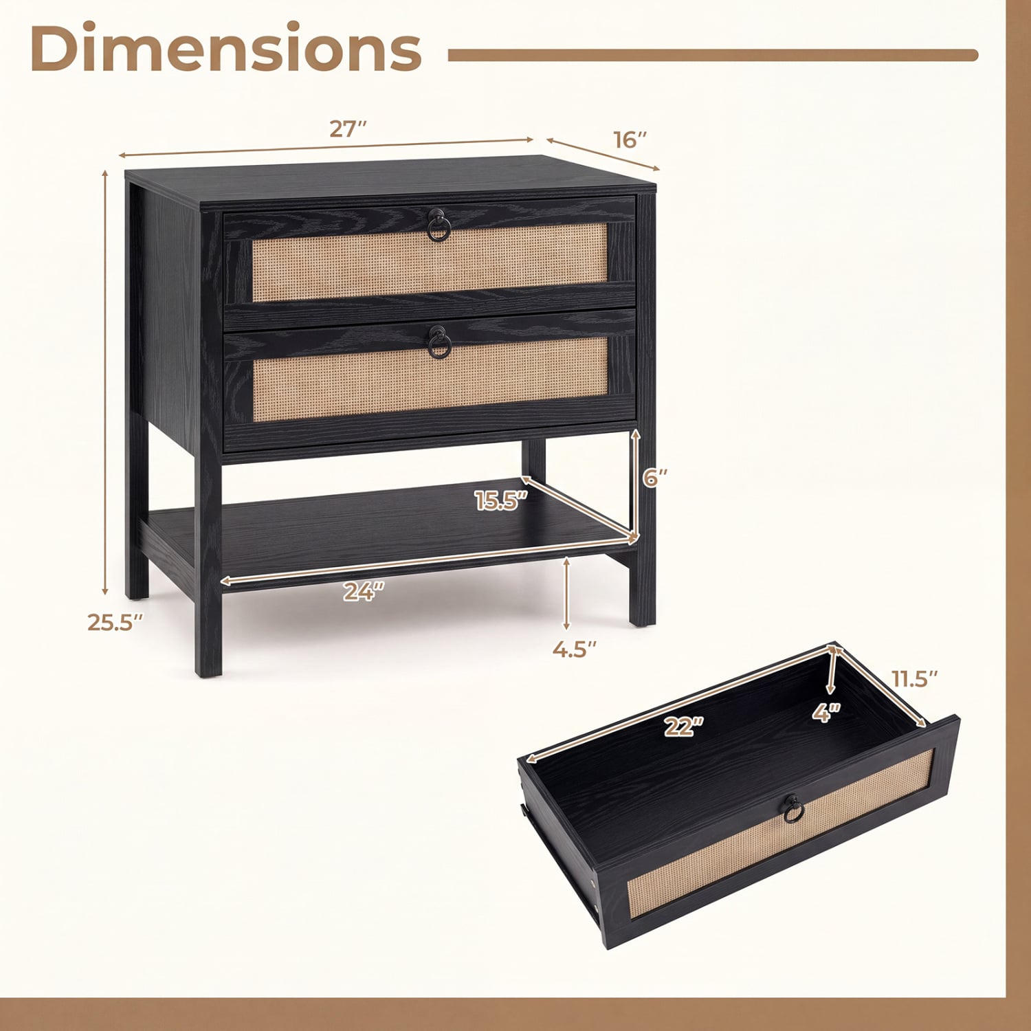 Rattan Nightstand, 2 Drawers, Open Shelf, Black Nightstands at Gallery Canada