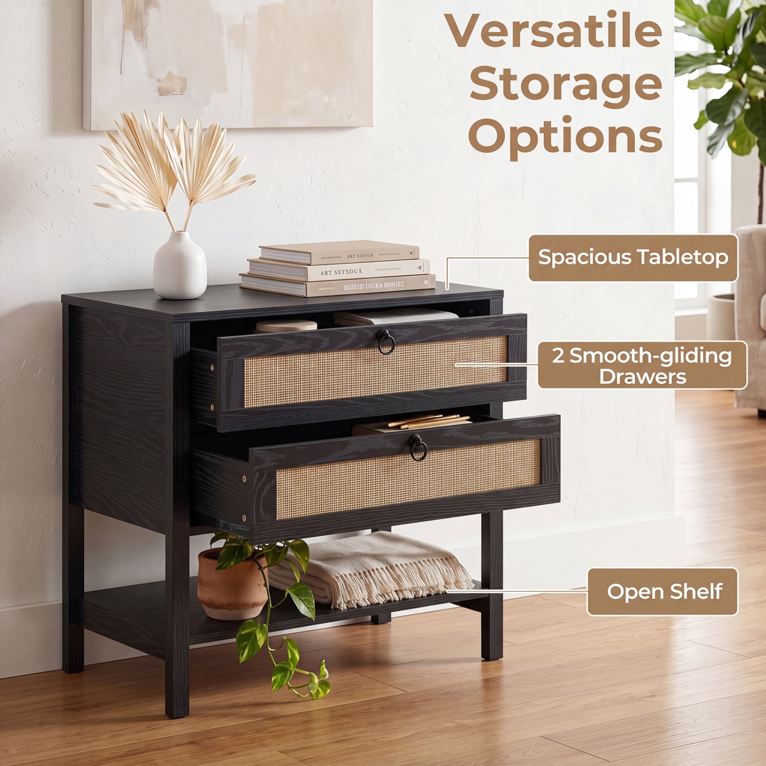 Rattan Nightstand, 2 Drawers, Open Shelf, Black Nightstands at Gallery Canada
