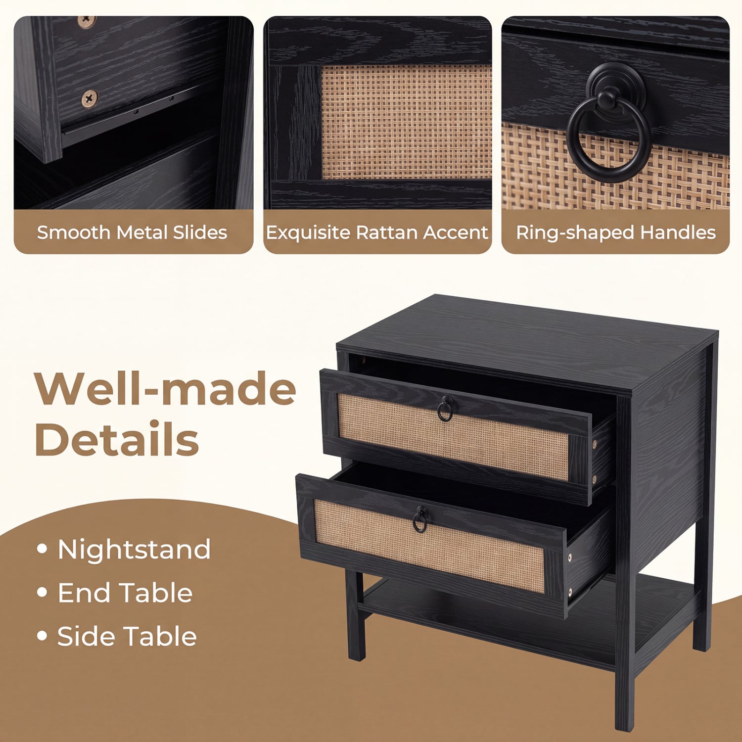 Rattan Nightstand, 2 Drawers, Open Shelf, Black Nightstands at Gallery Canada