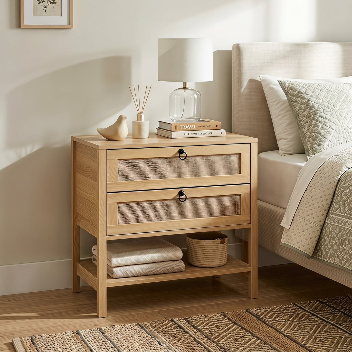 Boho Rattan Nightstand, 2 Drawers Open Shelf Nightstands at Gallery Canada