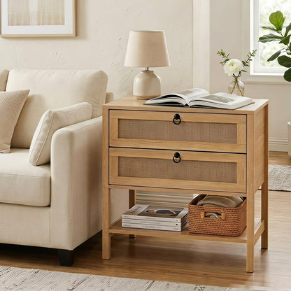 Boho Rattan Nightstand, 2 Drawers Open Shelf Nightstands at Gallery Canada