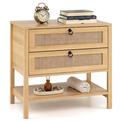 Boho Rattan Nightstand, 2 Drawers Open Shelf Nightstands at Gallery Canada