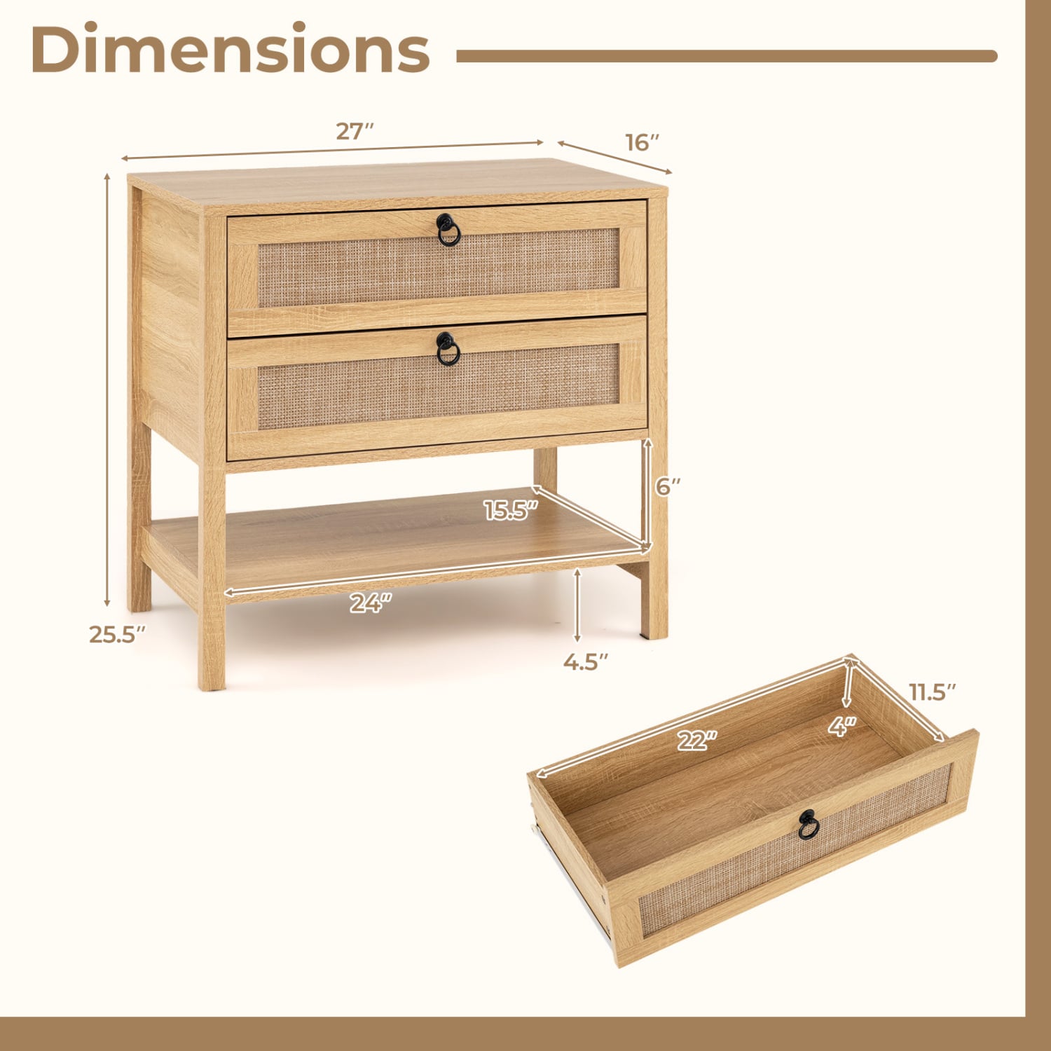 Boho Rattan Nightstand, 2 Drawers Open Shelf Nightstands at Gallery Canada