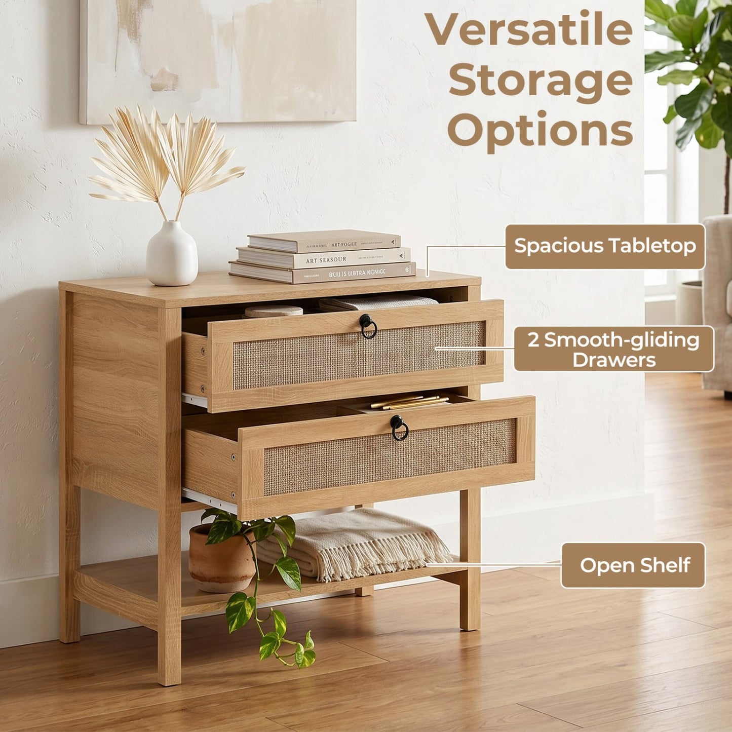 Boho Rattan Nightstand, 2 Drawers Open Shelf Nightstands at Gallery Canada