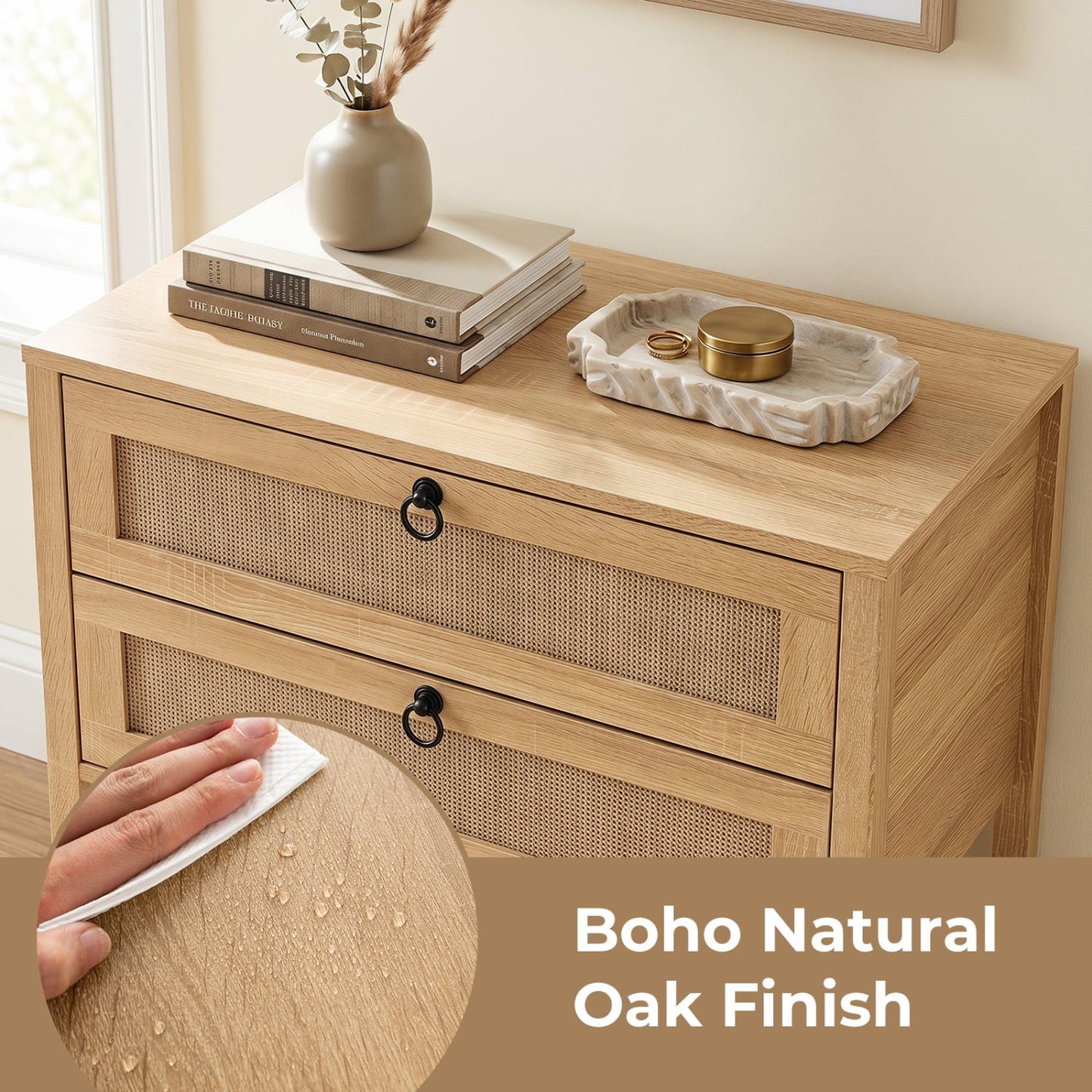 Boho Rattan Nightstand, 2 Drawers Open Shelf Nightstands at Gallery Canada