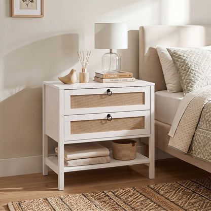 Boho Rattan Nightstand, 2 Drawers, Open Shelf, White Nightstands at Gallery Canada