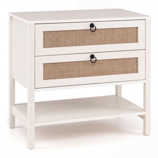 Boho Rattan Nightstand, 2 Drawers, Open Shelf, White Nightstands White at Gallery Canada