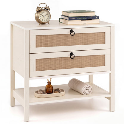 Boho Rattan Nightstand, 2 Drawers, Open Shelf, White Nightstands at Gallery Canada