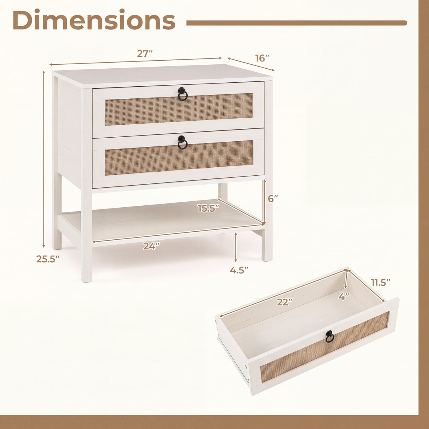 Boho Rattan Nightstand, 2 Drawers, Open Shelf, White Nightstands at Gallery Canada