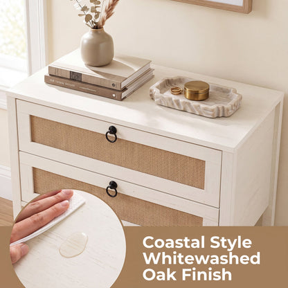 Boho Rattan Nightstand, 2 Drawers, Open Shelf, White Nightstands at Gallery Canada