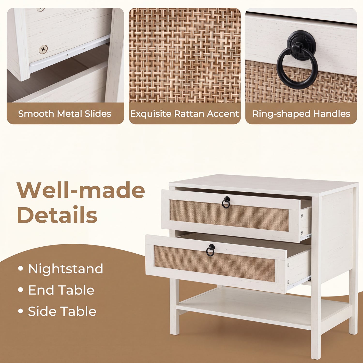 Boho Rattan Nightstand, 2 Drawers, Open Shelf, White Nightstands at Gallery Canada