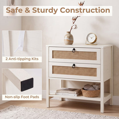 Boho Rattan Nightstand, 2 Drawers, Open Shelf, White Nightstands at Gallery Canada