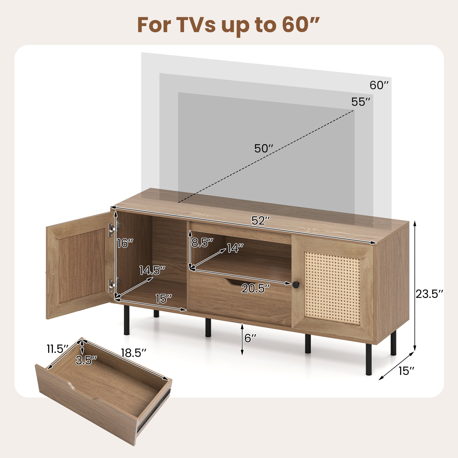 Boho TV Stand For 60 Inch TV, Entertainment Center With Cabinets, Natural Entertainment Centers & TV Stands at Gallery Canada