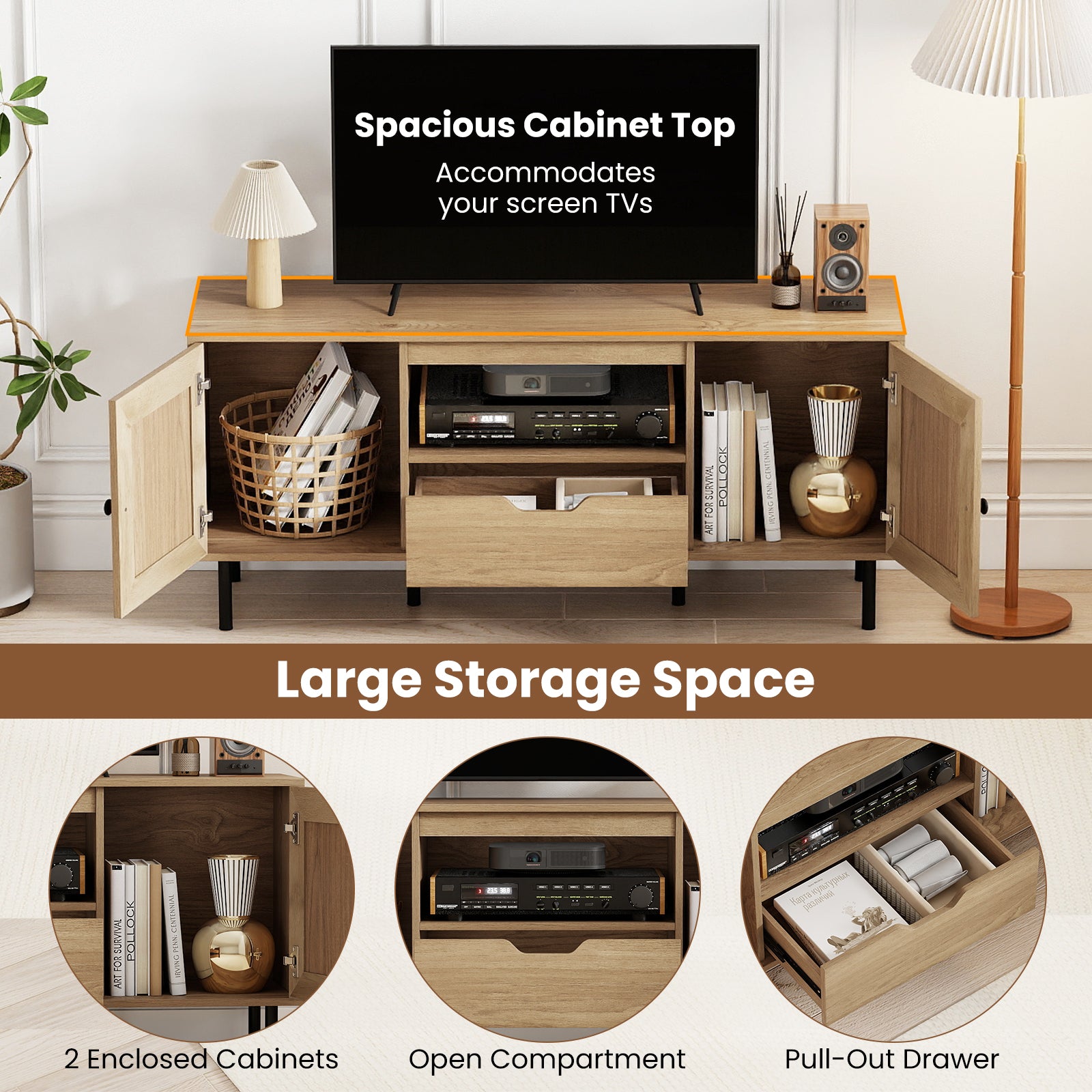 Boho TV Stand For 60 Inch TV, Entertainment Center With Cabinets, Natural Entertainment Centers & TV Stands at Gallery Canada