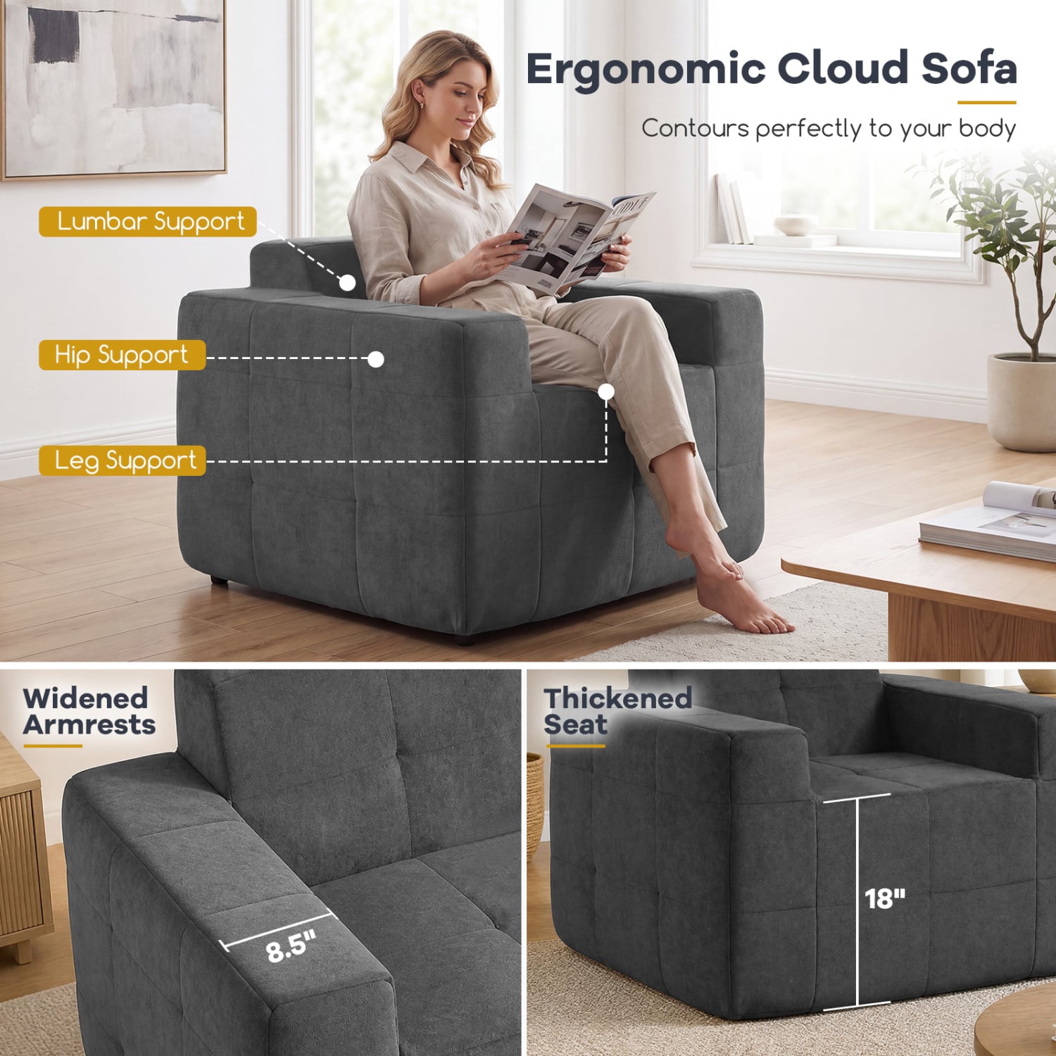 Boneless Single Sofa Chair, Cloud Sofa, Gray Sofas & Loveseats at Gallery Canada