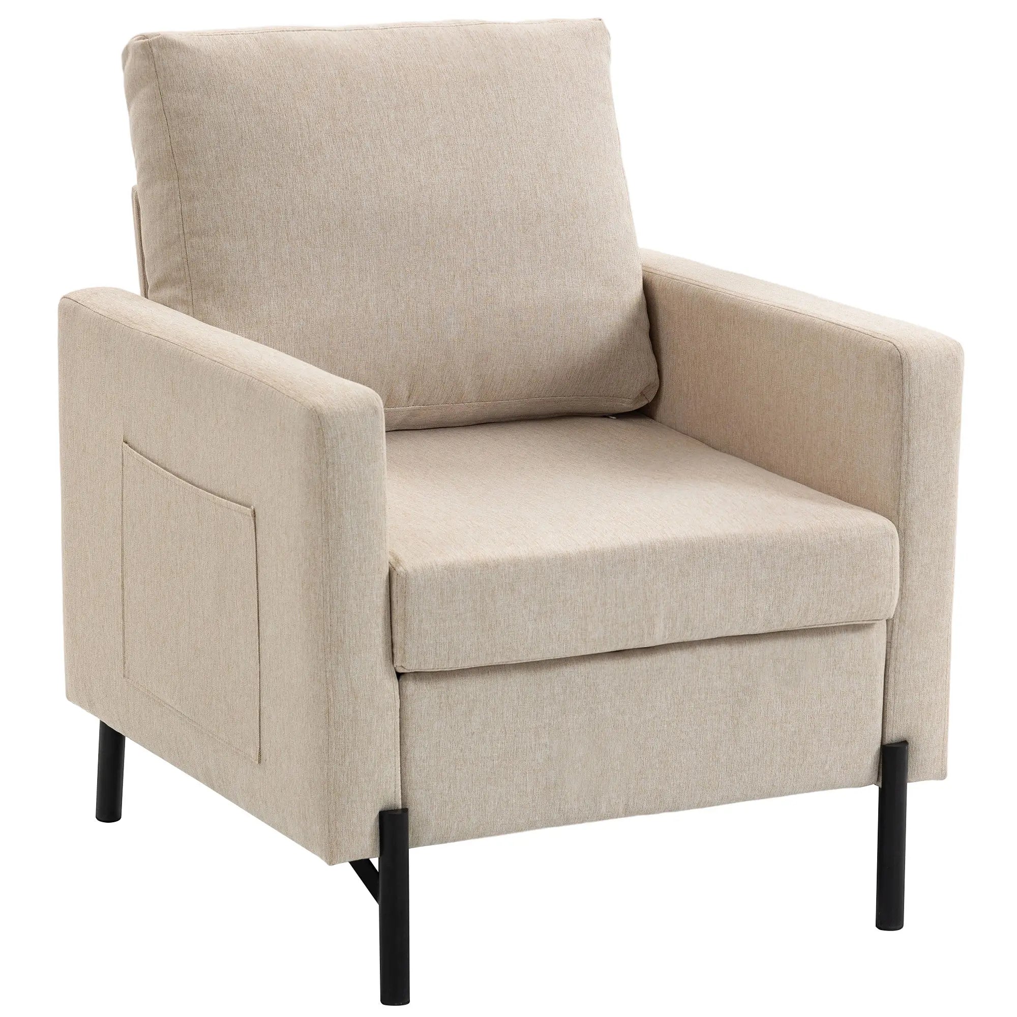 Modern Upholstered Armchair With Side Pockets, Cushion, Beige Accent Chairs Beige, Black at Gallery Canada
