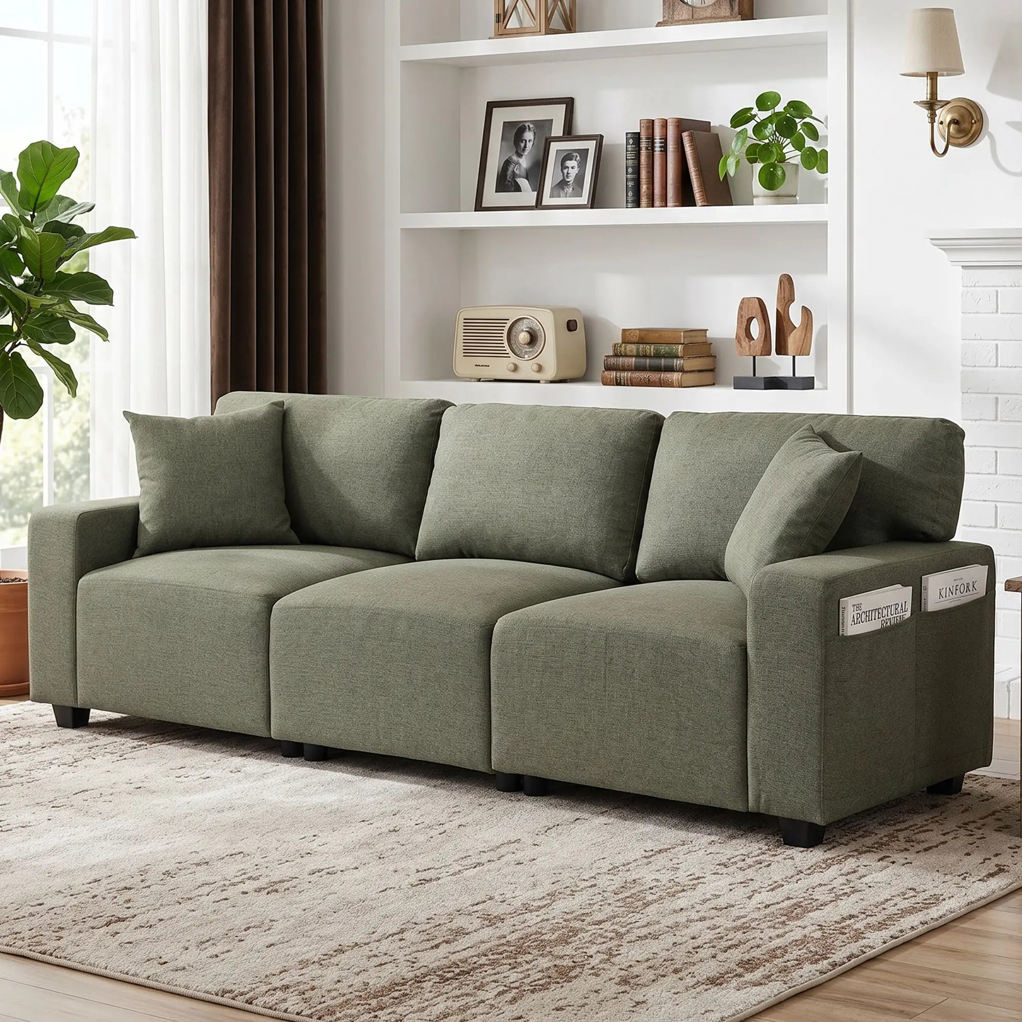 3 Seater Sofa With Storage Pockets, Modern Upholstered Couch, Green 3-Seater Sofas at Gallery Canada