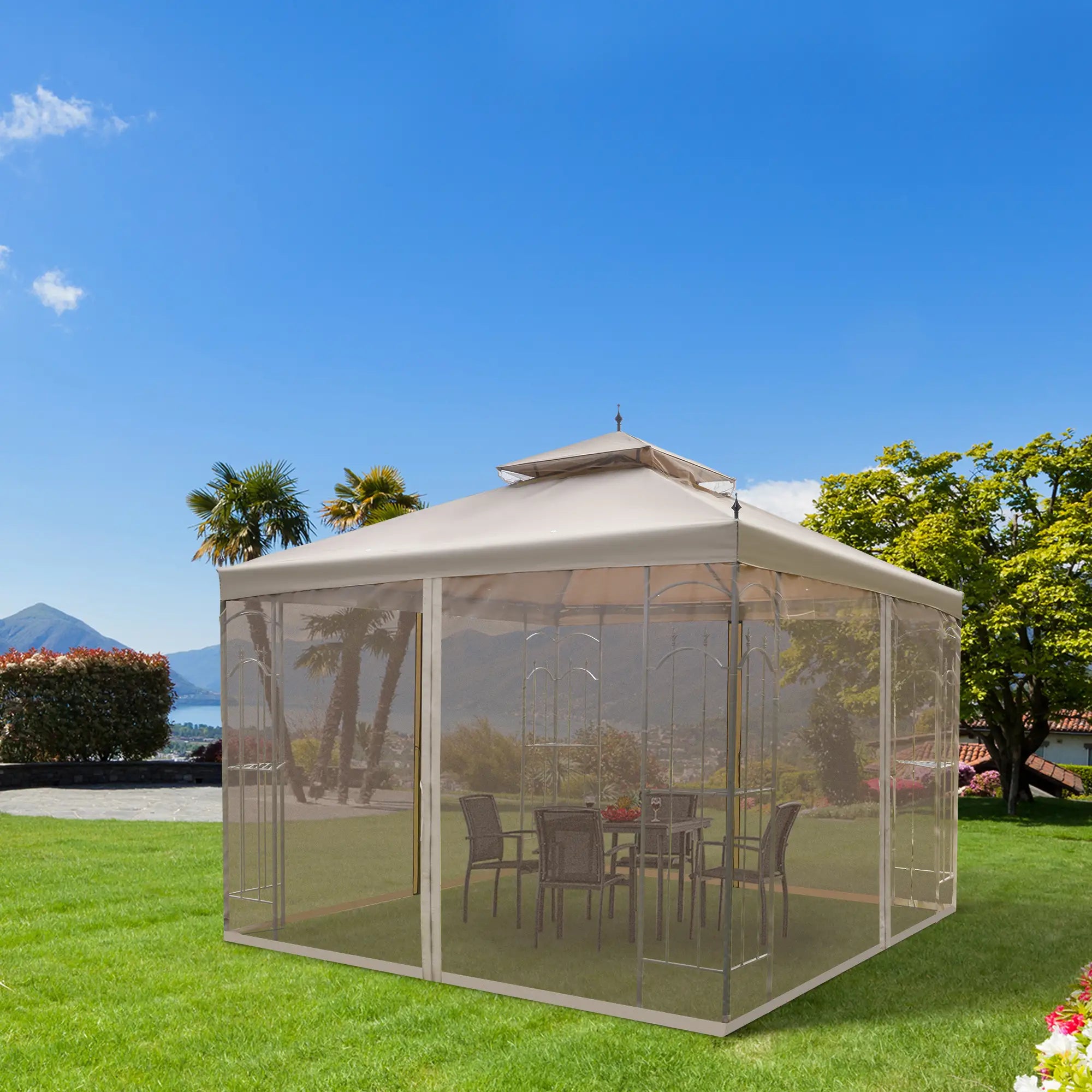 10' x 10' Steel Patio Gazebo, Removable Mesh Curtains, Brown Gazebos at Gallery Canada