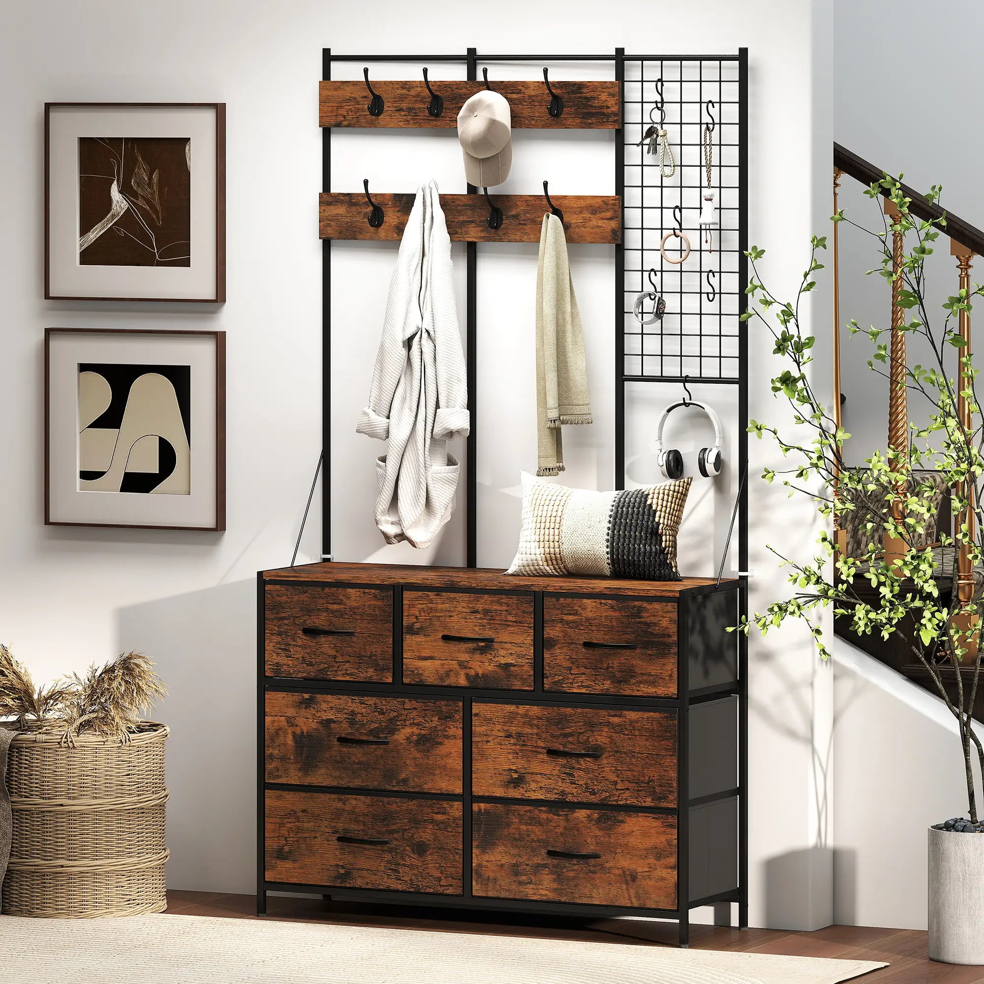 4-In-1 Coat Rack, 7 Drawer Fabric Dresser, Hall Tree 14 Hooks, Rustic Brown Clothing Storage at Gallery Canada
