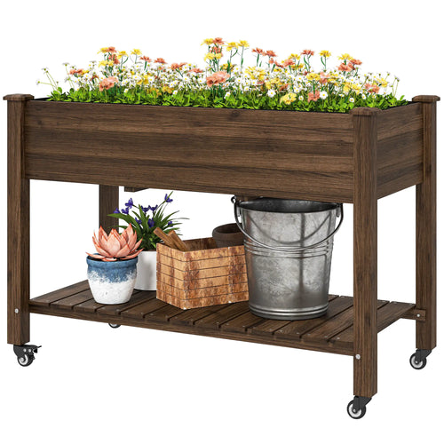 Mobile Raised Garden Bed, Elevated Wood Planter Box, Lockable Wheels, Storage Shelf, Carbonized