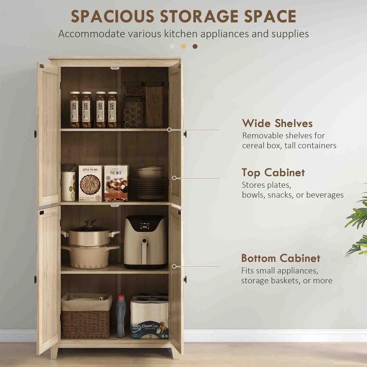 72" Freestanding Storage Cabinet, Kitchen Pantry with Doors, Shelves, Natural Kitchen Pantry Cabinets at Gallery Canada