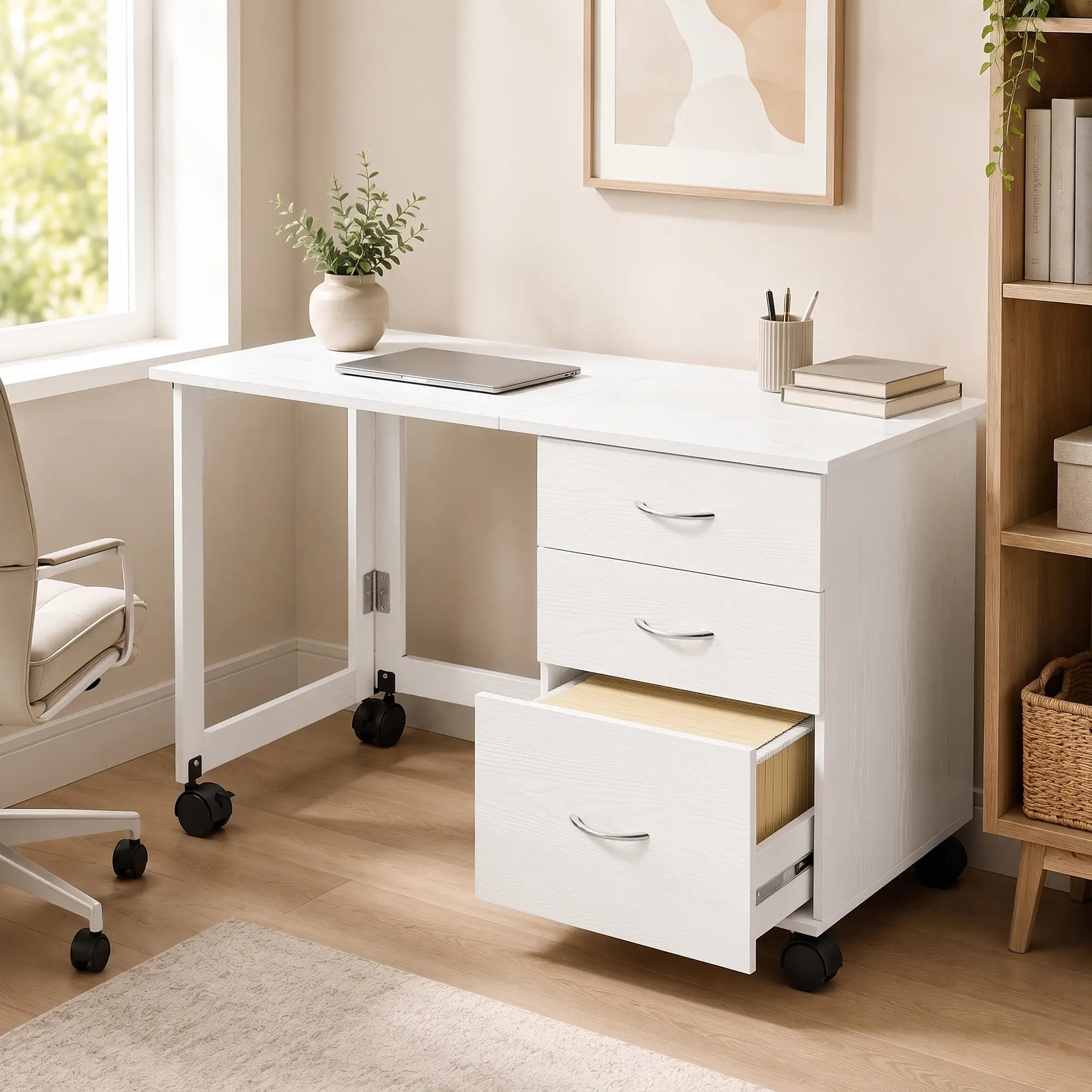 Foldable Computer Desk, 3 Drawers, White Computer Desks at Gallery Canada