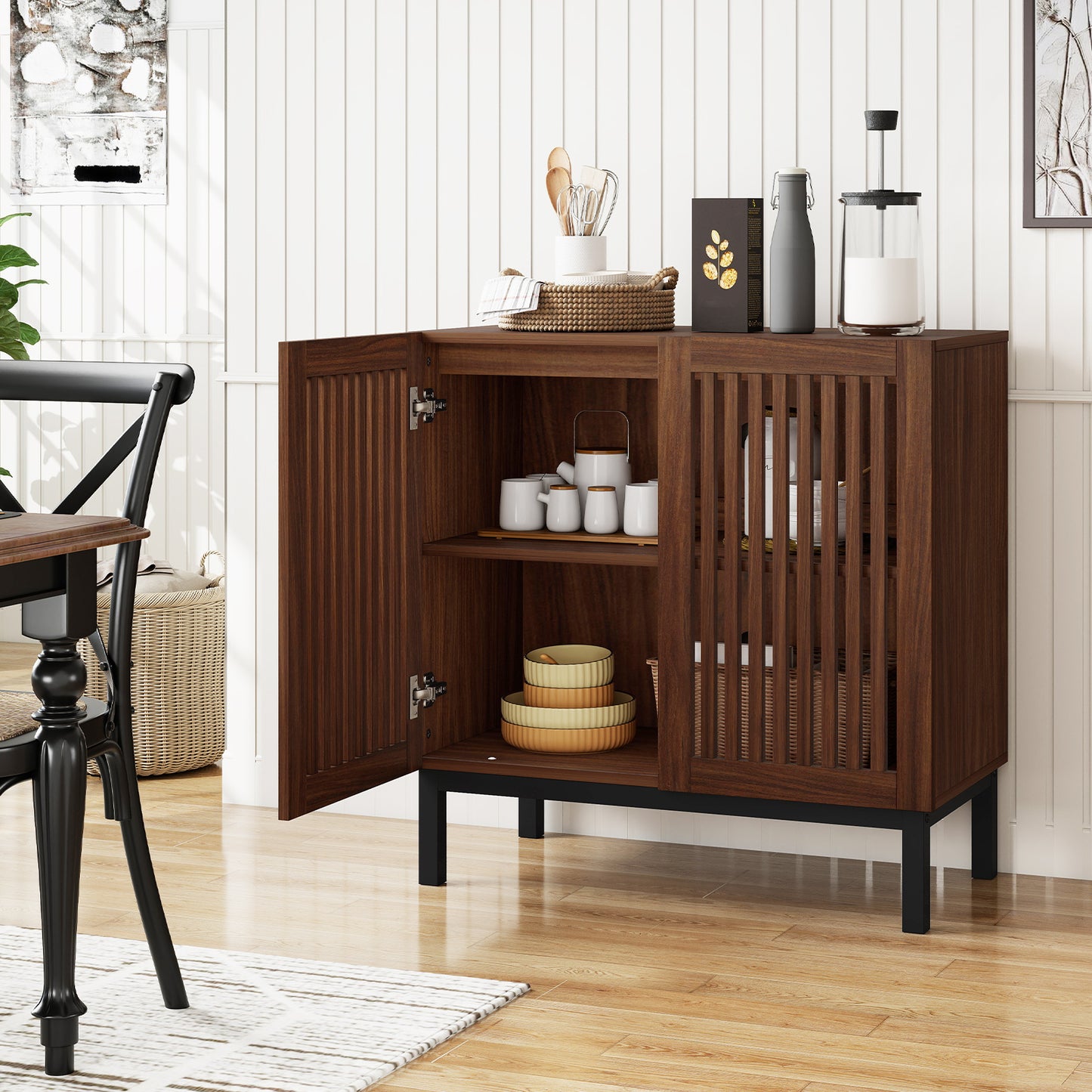 Wooden Buffet Cabinet, 32" Storage Sideboard, Walnut Coffee Bar Station Sideboards Cabinets & Buffets at Gallery Canada
