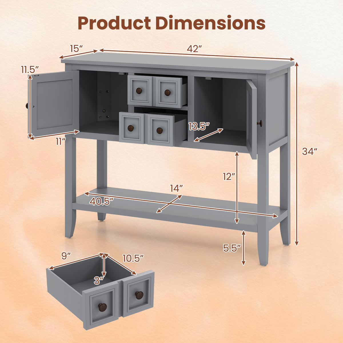 Buffet Sideboard Cabinet, 2 Doors 2 Drawers, Gray Sideboards Cabinets & Buffets at Gallery Canada