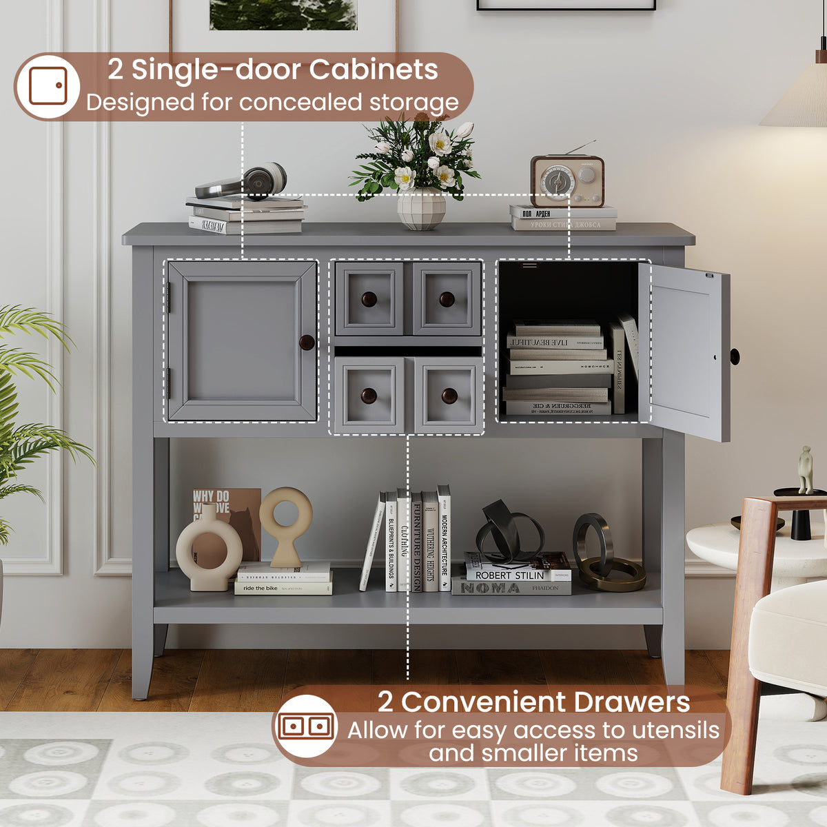 Buffet Sideboard Cabinet, 2 Doors 2 Drawers, Gray Sideboards Cabinets & Buffets at Gallery Canada